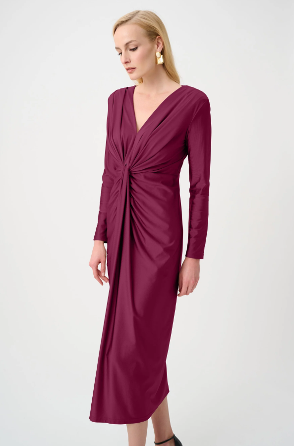 Joseph Ribkoff Signature | Satin Effect Knit Draped V-Neck Sheath Dress