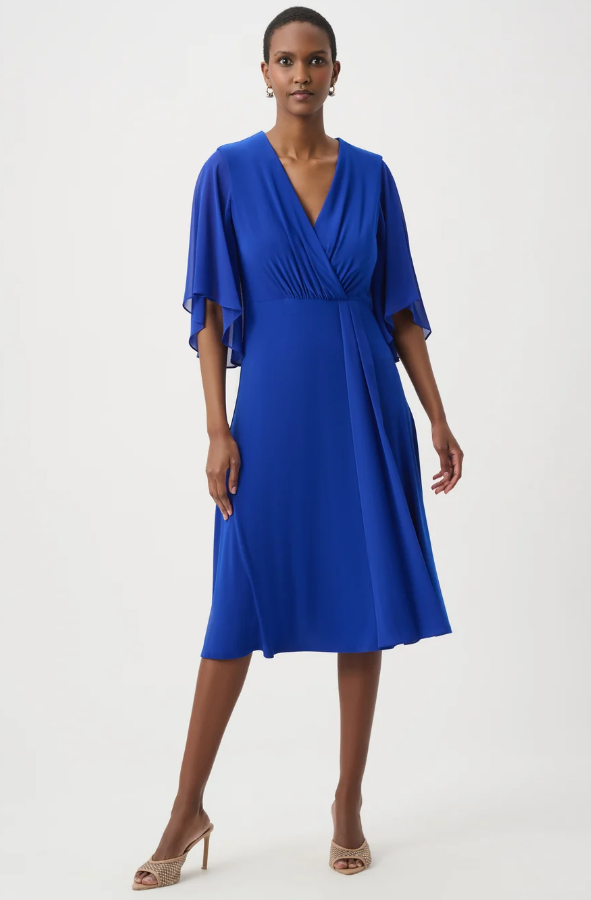 Joseph Ribkoff Signature | Silky Knit Fit and Flare Dress With Chiffon Draped Sash