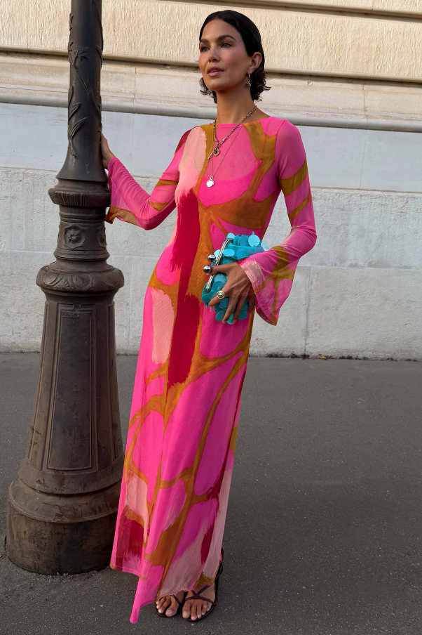 Never Fully Dressed Pink & Olive Abstract Aria Mesh Dress