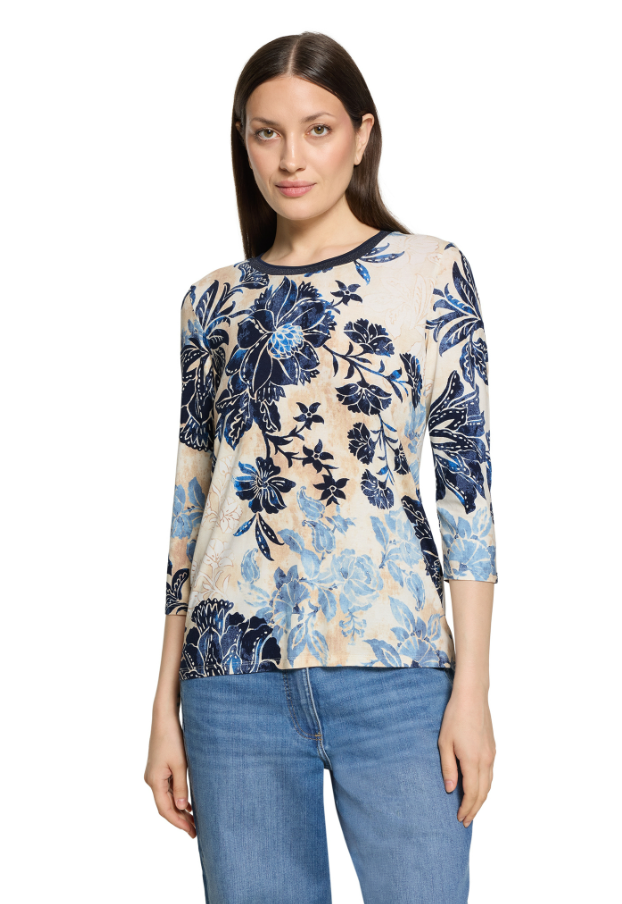 Betty Barclay Printed Floral 3/4 Sleeve Top – Beige & Blue