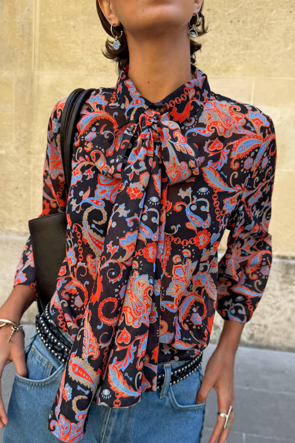 Never Fully Dressed Black Paisley Pussy Bow Shirt