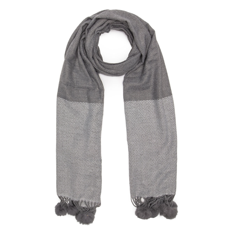 Elie Beaumont Chevron Pom Pom Scarf – Grey