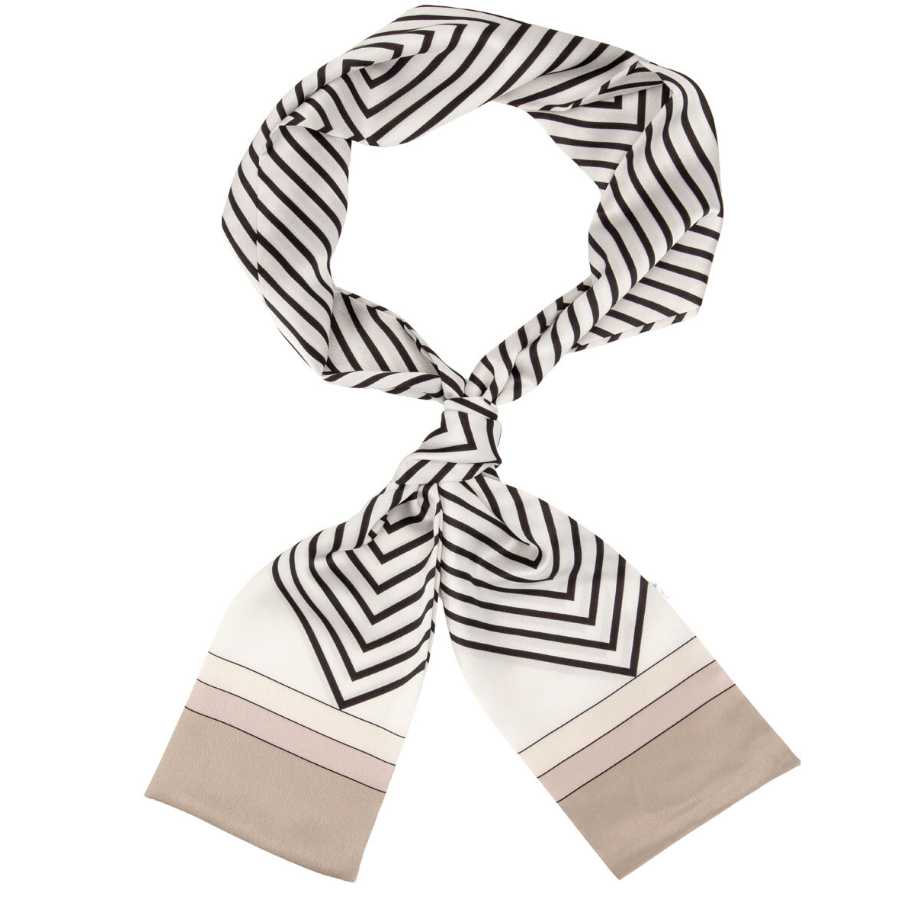 Elie Beaumont Vegan Silk Foulard – Ivory, Black & Taupe Chevron