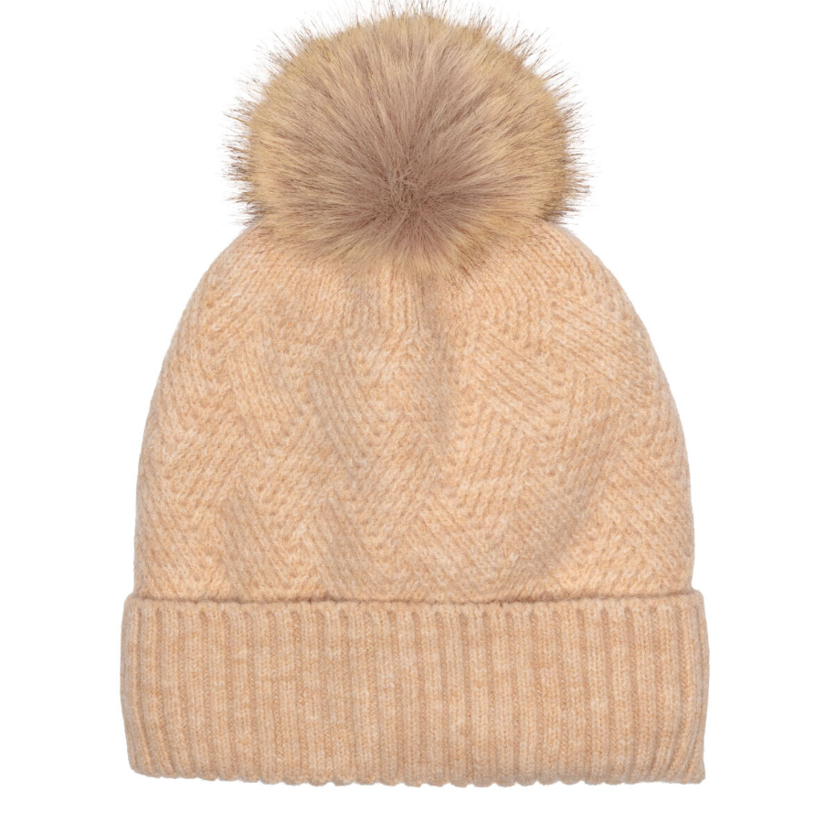 Elie Beaumont Knitted Weave Pom Pom Hat – Oat