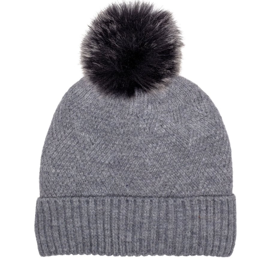 Elie Beaumont Knitted Weave Pom Pom Hat – Grey