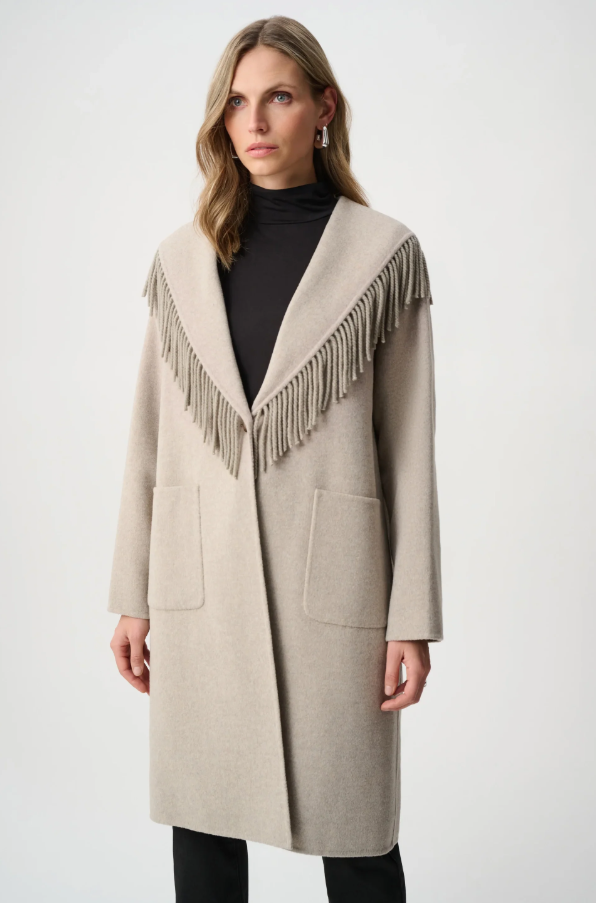 Joseph Ribkoff Wool Blend Shawl Collar Fringed Coat