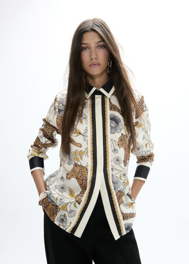 Lola Casademunt Multi Print Shirt with Ruffle Trim – Leopard Multi