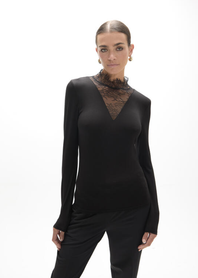 Lola Casademunt Long Sleeve T-Shirt with Lace Detail – Black