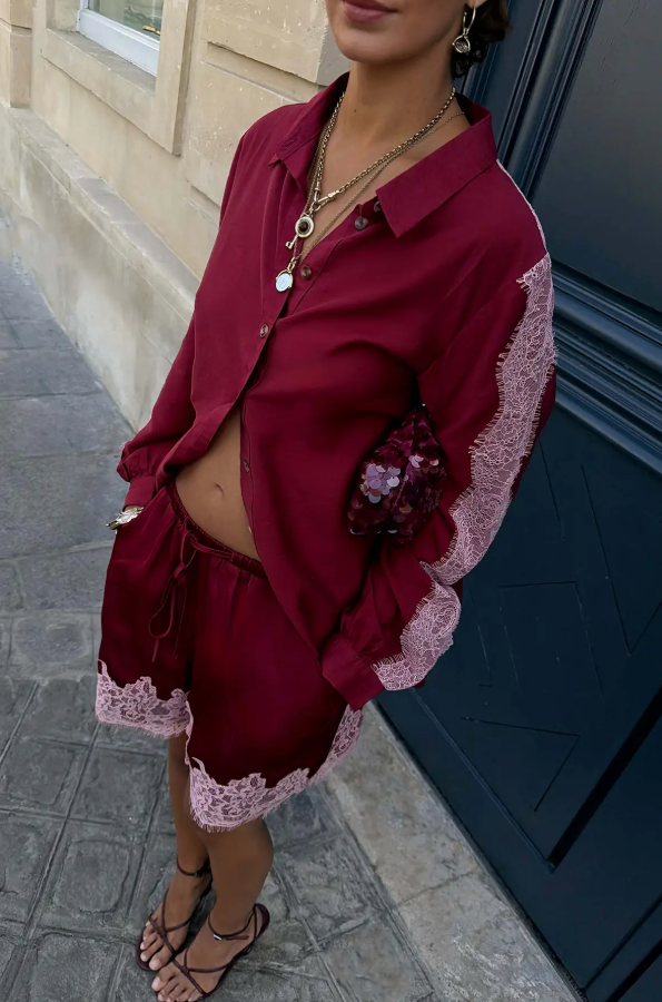 Never Fully Dressed Burgundy and Pink Lace Marley Shirt