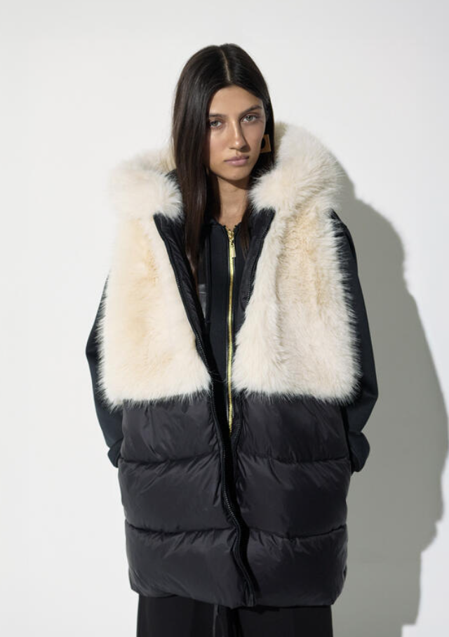 Lola Casademunt Two-Tone Nylon & Fur Combined Waistcoat – Ecru/Black