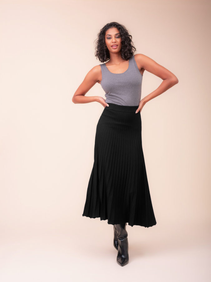 Alison Sheri Pleated Knit Midi Skirt in Black