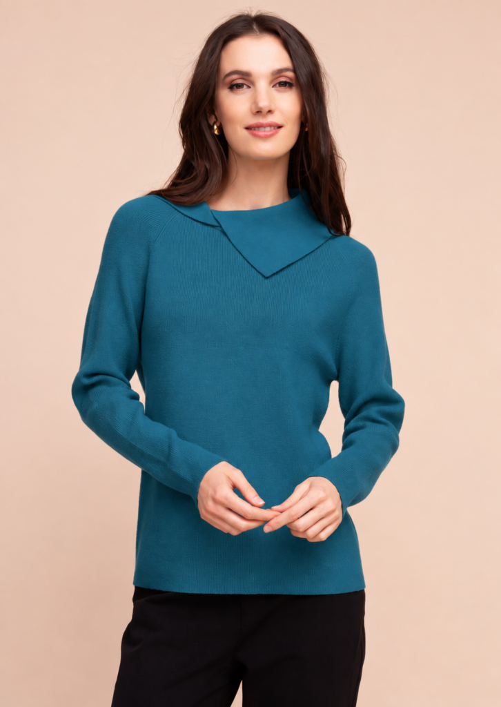 Alison Sheri Teal Fold Collar Knit Sweater