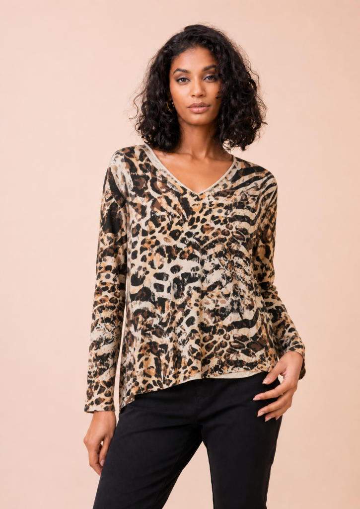 Alison Sheri Animal Print V-Neck Top