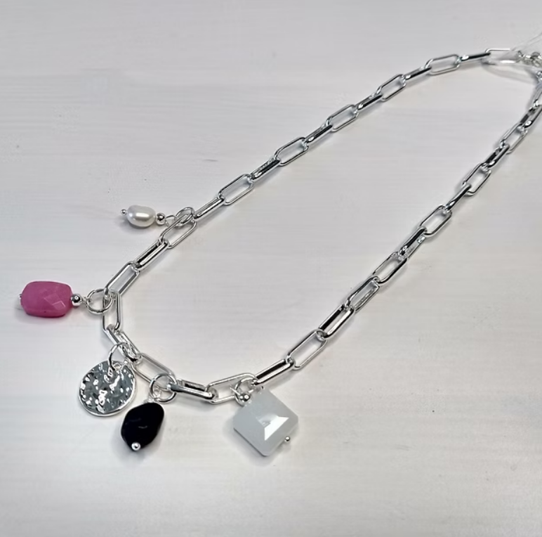 ENVY Square Linked Multi Charmed Necklace – Silver